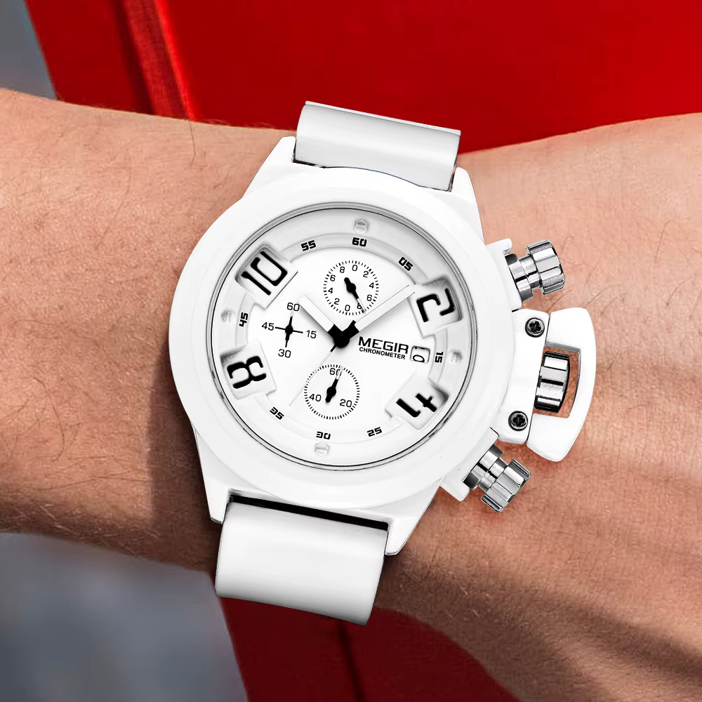 MEGIR Sport de plein air hommes montres chronographe étanche horloge grand cadran Quartz militaire montre-bracelet Date automatique Relogio Masculino