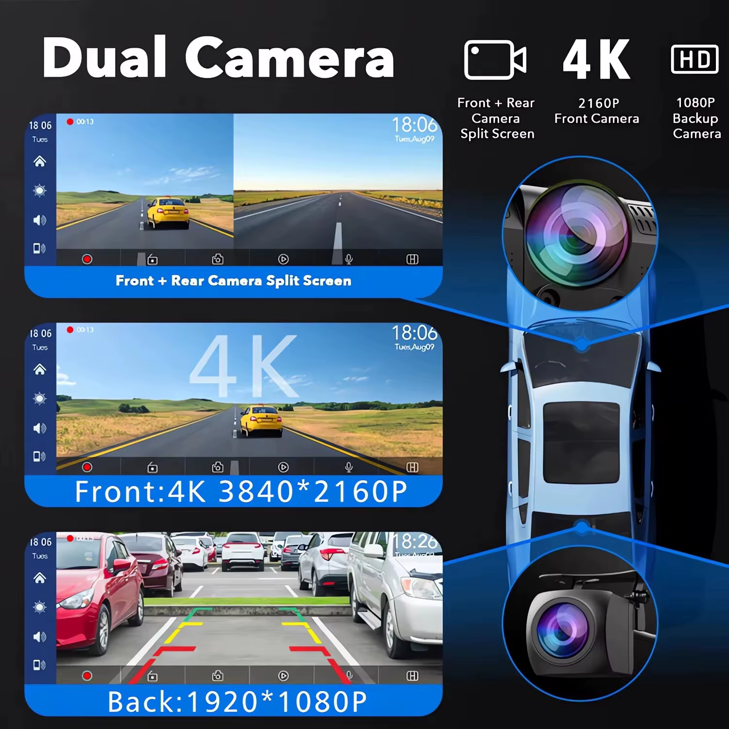 Caméra embarquée 4K 2160P avec Carplay, Android Auto, GPS, WIFI 5G, FM, BT, double objectif, caméra de tableau de bord, caméra de camion, enregistreur de conduite