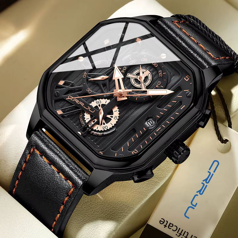 CRRJU mode cadran carré en cuir hommes montres de luxe Sport montre étanche Homme chronographe Quartz