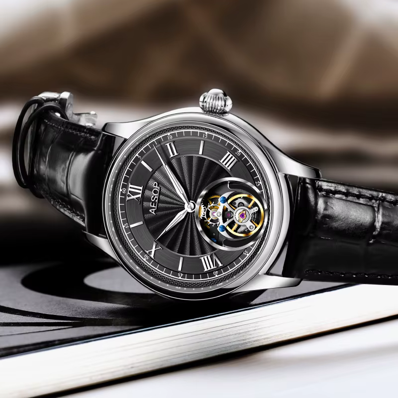 AESOP Tourbillon automatique montres mécaniques édition limitée hommes mouvement à remontage manuel montres-bracelets en cuir/acier inoxydable