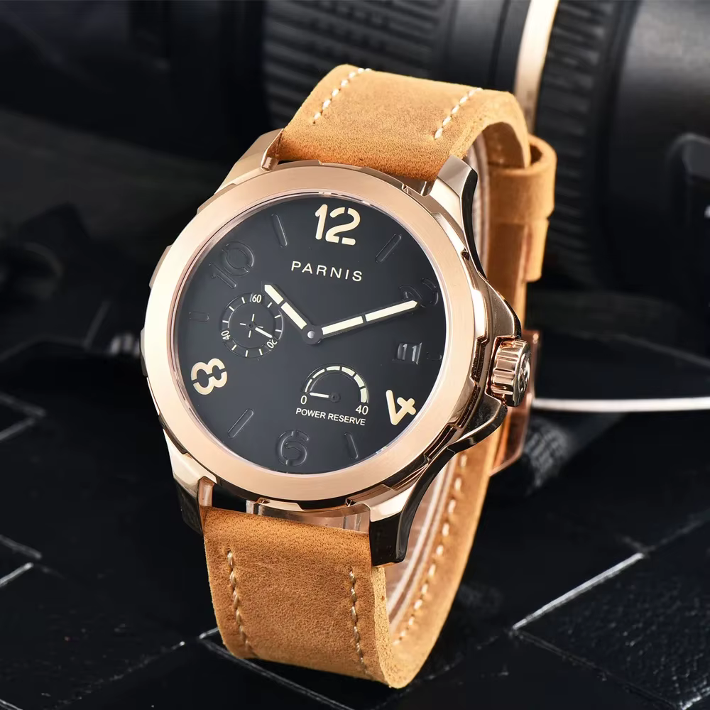 Parnis 44mm boîtier en argent automatique mécanique hommes montre indicateur de réserve de marche marqueur lumineux