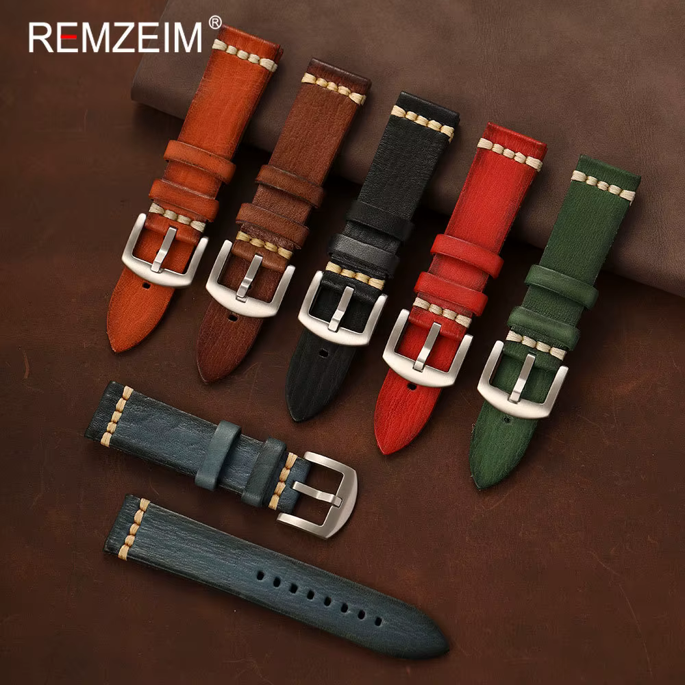 Bracelet de montre en cuir tanné végétal pour hommes
