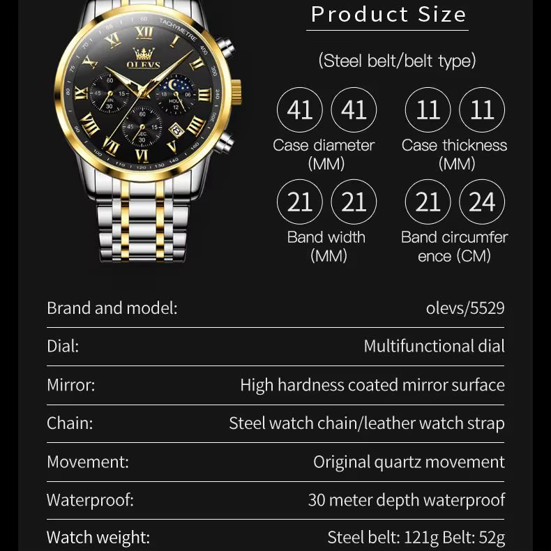 OLEVS 5529 Top marque de luxe montre pour hommes étanche lumineux en acier inoxydable Phase lunaire Code de