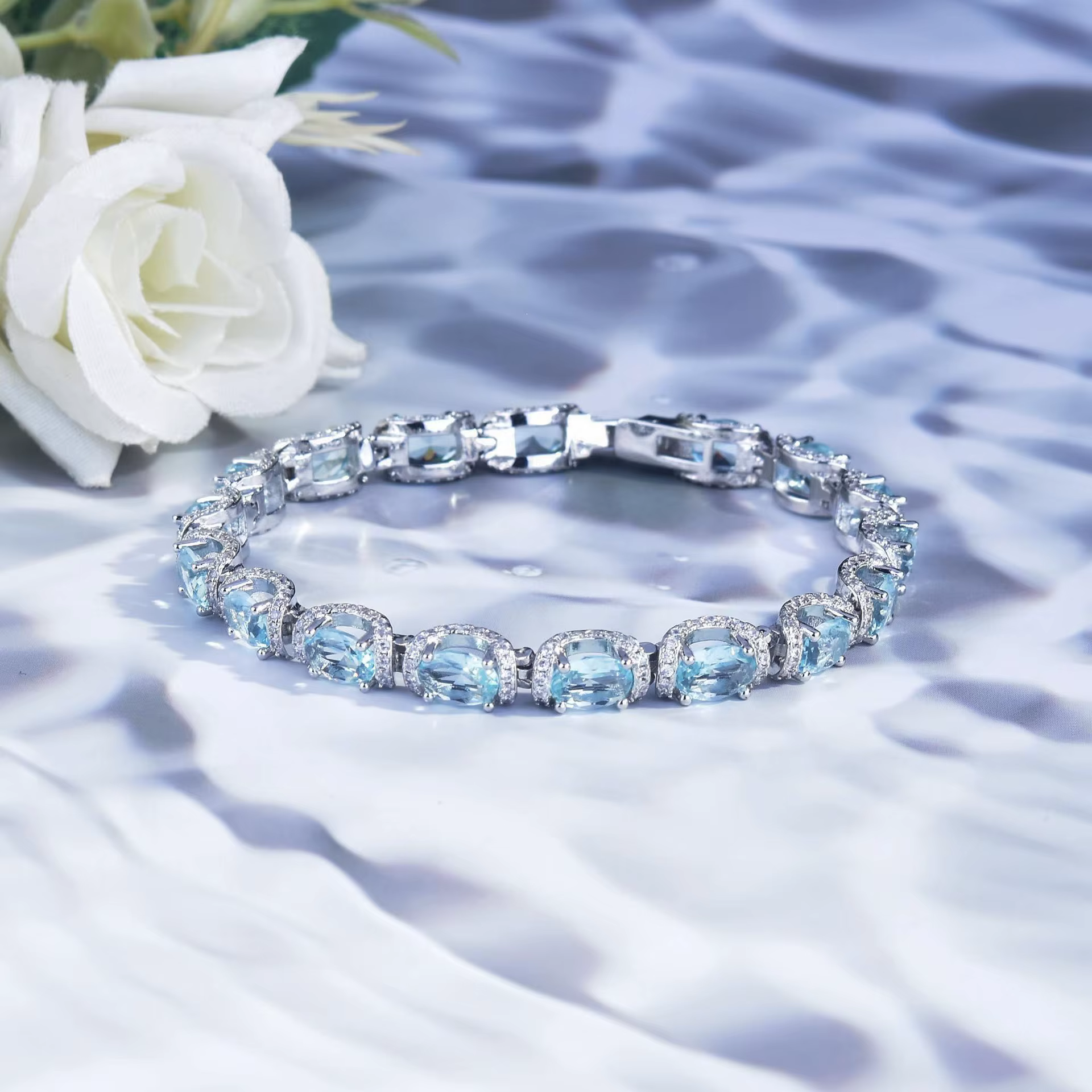 Ensemble de bijoux à la mode pour femmes, Bracelet rond aigue-marine, ensemble de bagues en Zircon, accessoire de décoration de mariée, chaîne de luxe pour Banquet, cadeaux