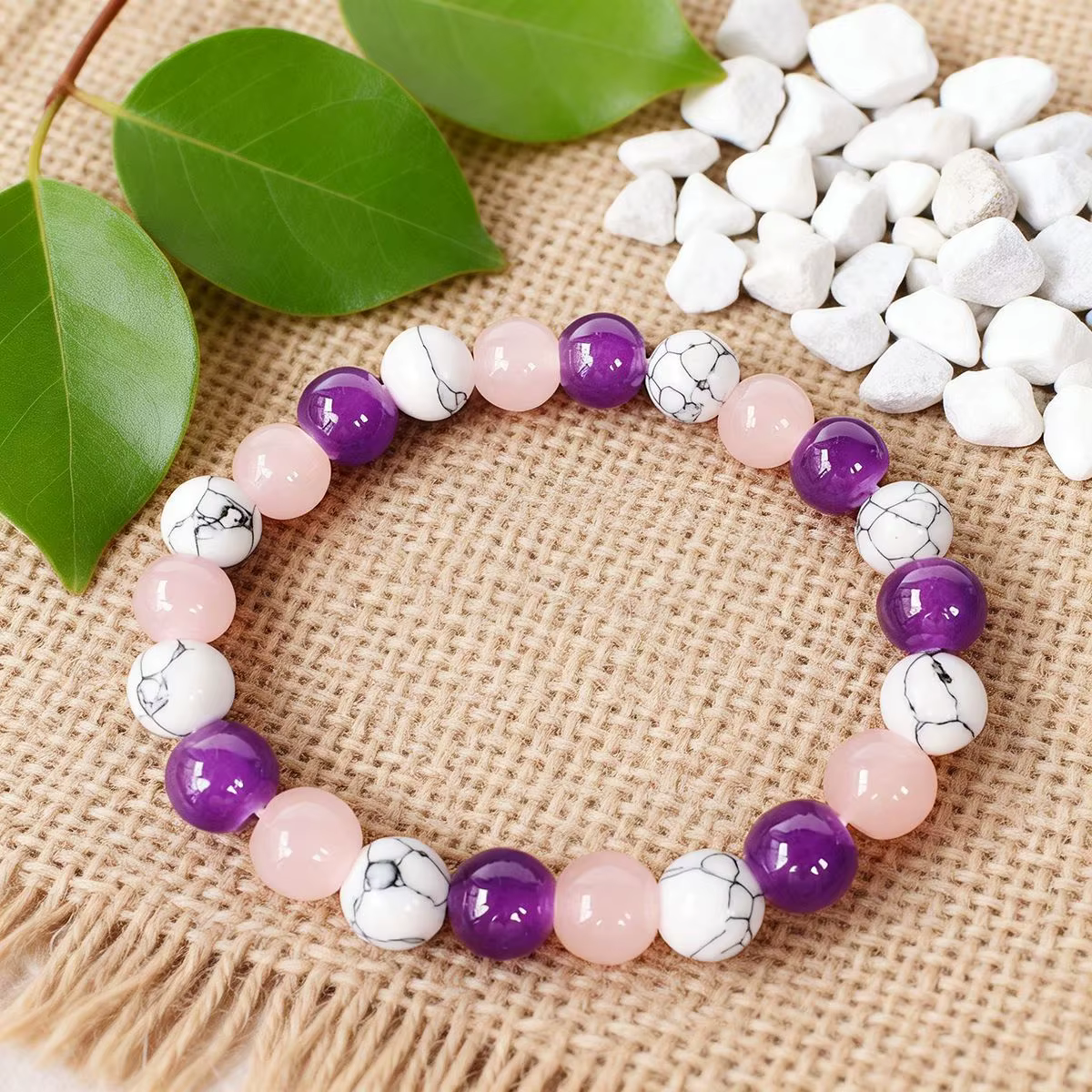 Bracelet en perles d'améthyste Howlite blanche, bijoux en cristal de guérison pour hommes et femmes