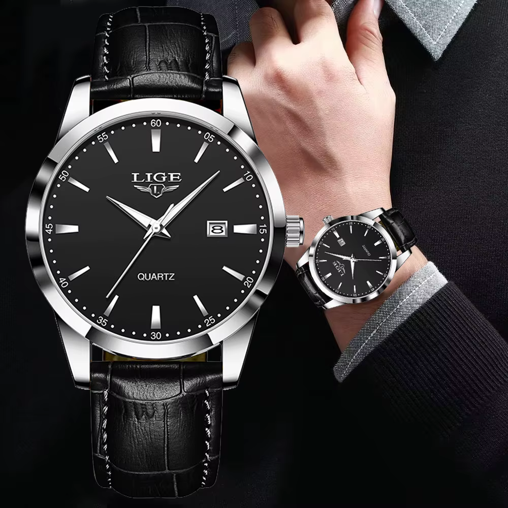 Relogios Masculino LIGE Top marque de luxe montre en cuir noir pour hommes mode militaire sport étanche montre-bracelet