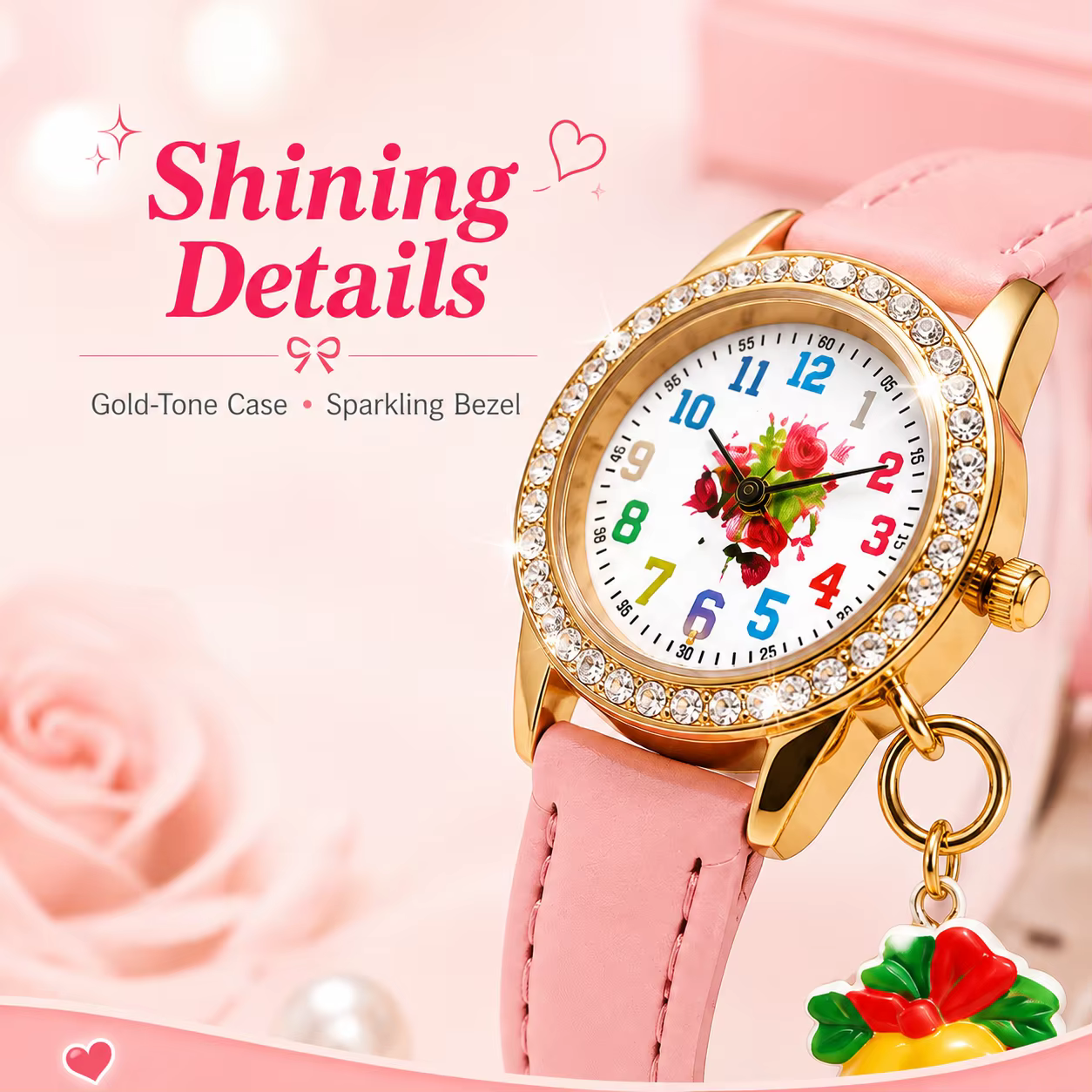 Montre de mode pour femme avec cadran floral numérique coloré, breloque cloche, lunette en strass dorés, bracelet réglable, disponible en 5 couleurs