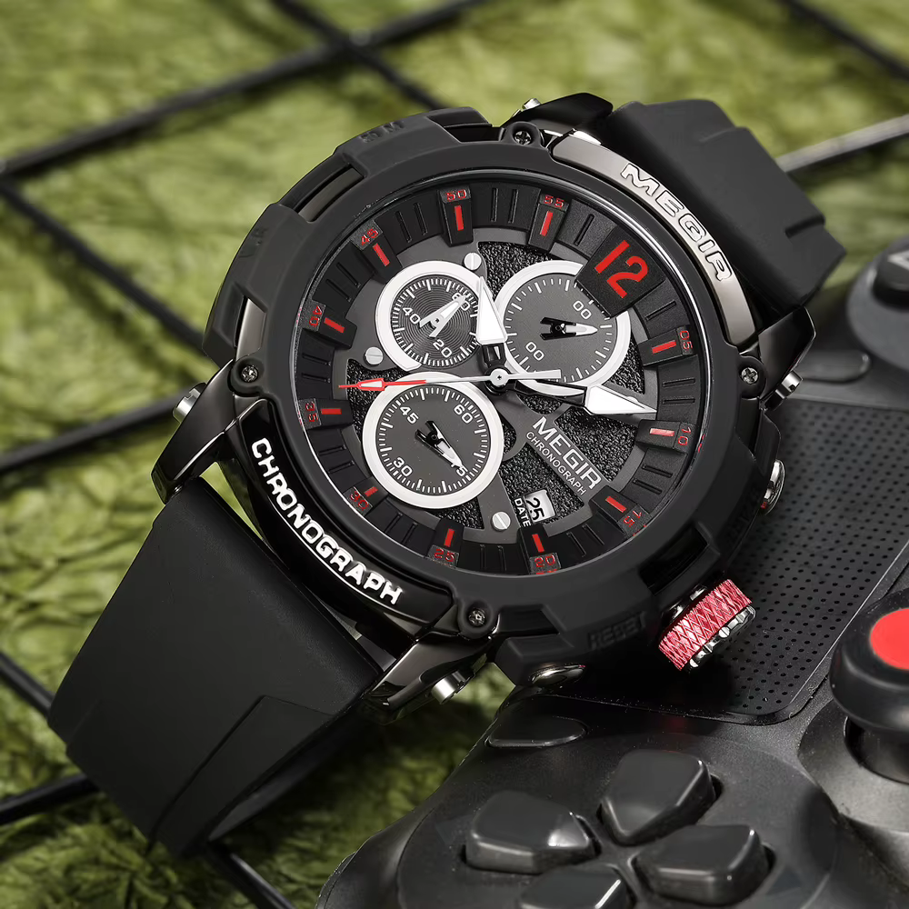 Megir montre à Quartz analogique chronographe pour hommes avec Date aiguilles lumineuses bracelet en Silicone Orange montre-bracelet étanche homme