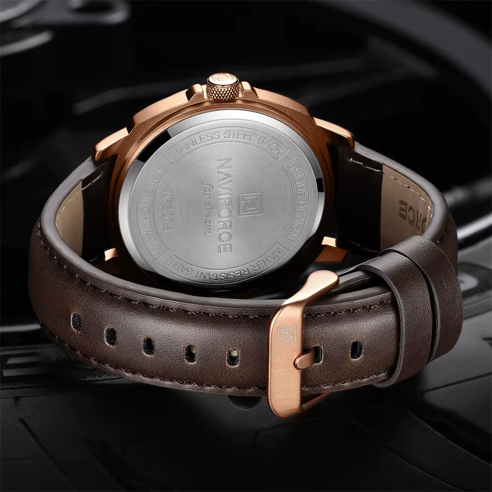 NAVIFORCE hommes montre-bracelet haut de gamme de luxe Auto Date montre d'affaires en cuir Sport militaire Original Quartz mâle horloge cadeau 8078