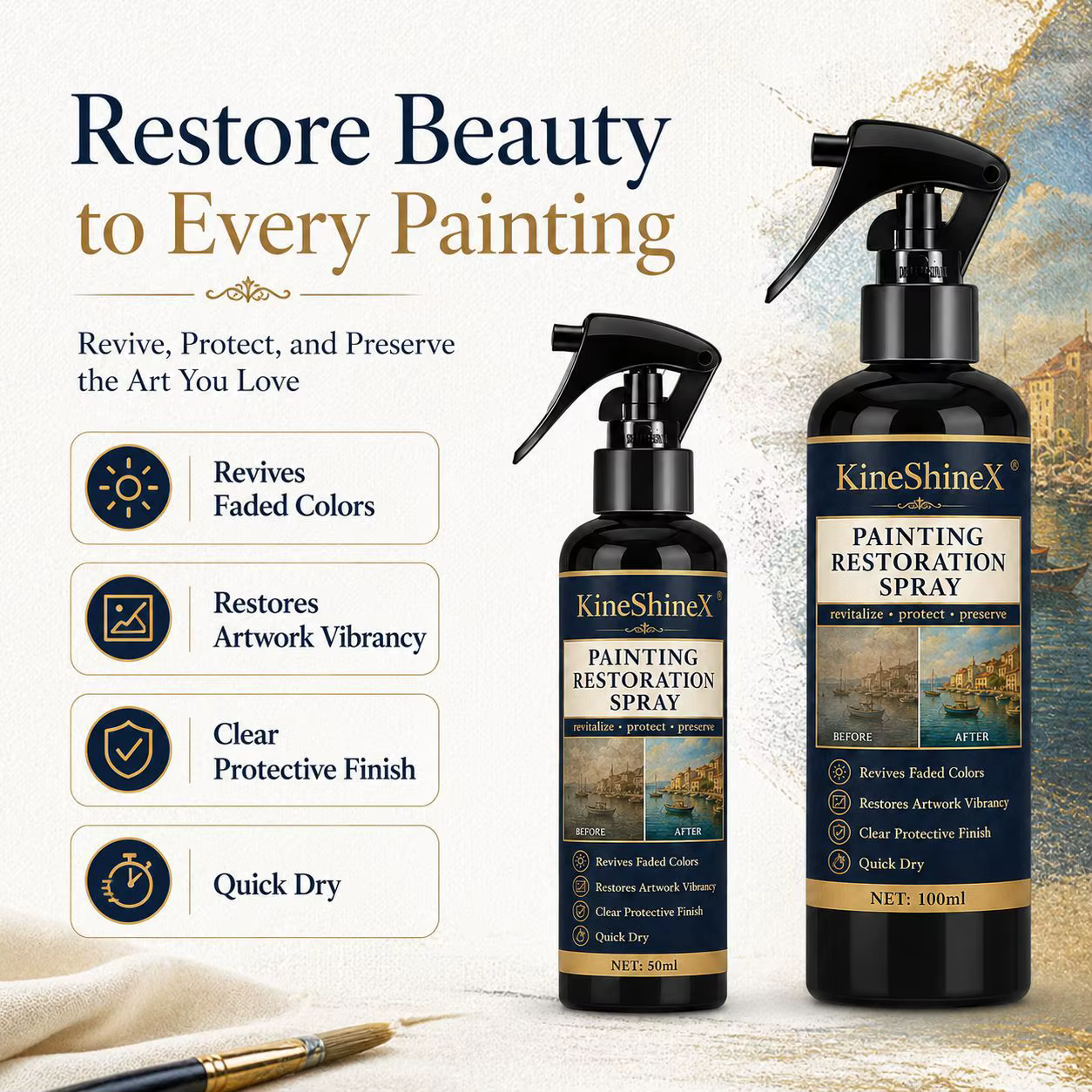 Spray de restauration de peinture 50ml/100ml – Redonne vie aux couleurs ternies et restaure la vitalité des œuvres d'art, séchage rapide pour les peintures à l'huile et les œuvres sur toile