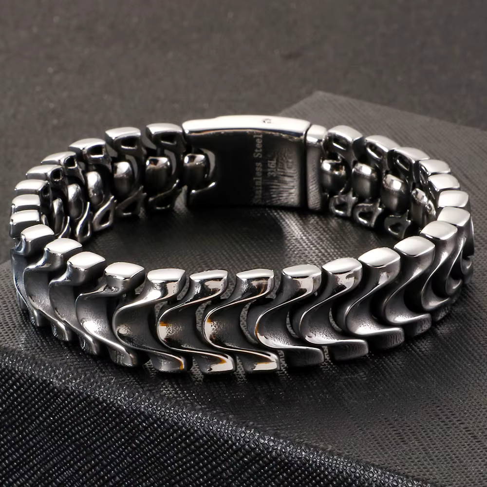 Bracelet pour homme en acier inoxydable mat vintage, style gothique rétro, chaîne épaisse, bijoux de motard, couleur argent vieilli