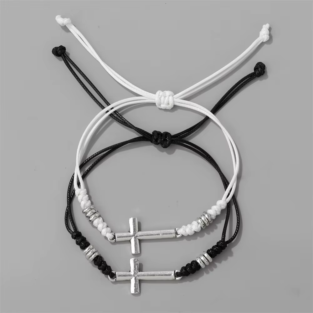 Bracelet de bénédiction croisé fait à la main pour femmes et hommes, ULde chaîne de rette noire et blanche, ULd'avertissement, bracelets de couple, bracelet réglable, cadeaux, ensemble de 2 pièces