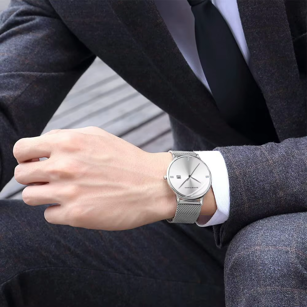 Hannah Martin montre pour hommes avec mouvement importé japonais affaires en acier inoxydable maille ceinture 3Bar