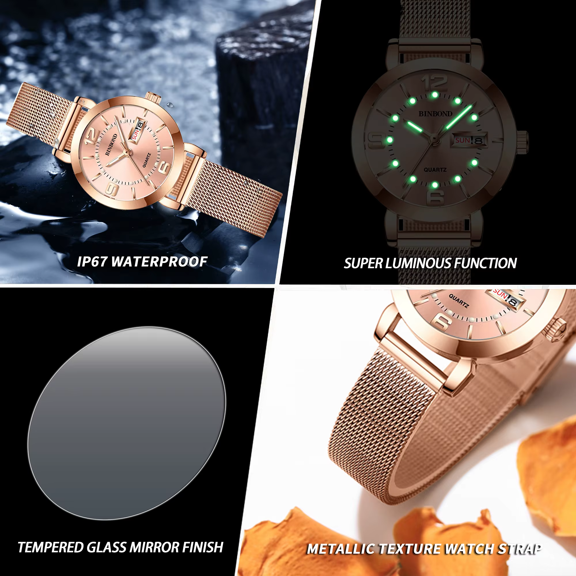 Montres-bracelets en quartz de luxe BINBOND pour femmes