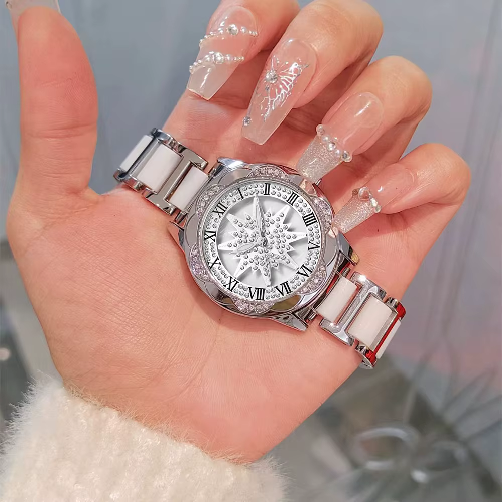 Montre pour femme de luxe avec cadran rotatif orné de diamants, étanche, élégante, haut de gamme, ronde, pour femme