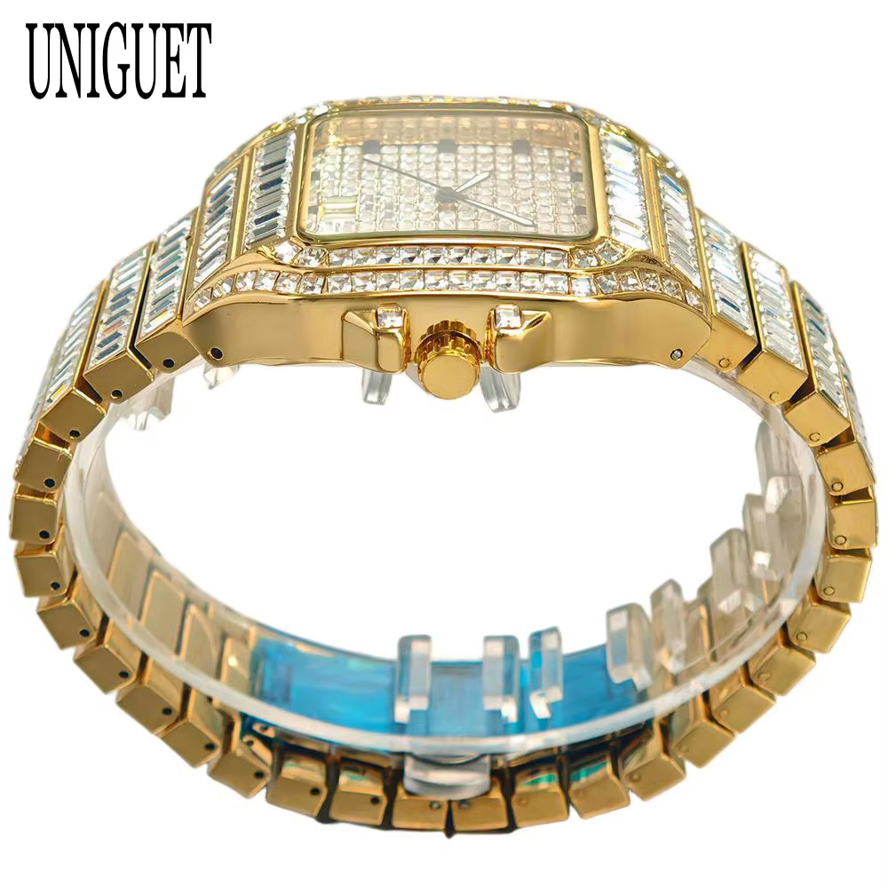 Montre en or de luxe pour hommes marque de mode UNIGUET Hip Hop pleine Baguette diamant bijoux Quartz montre-bracelet Mans Relogio Masculino
