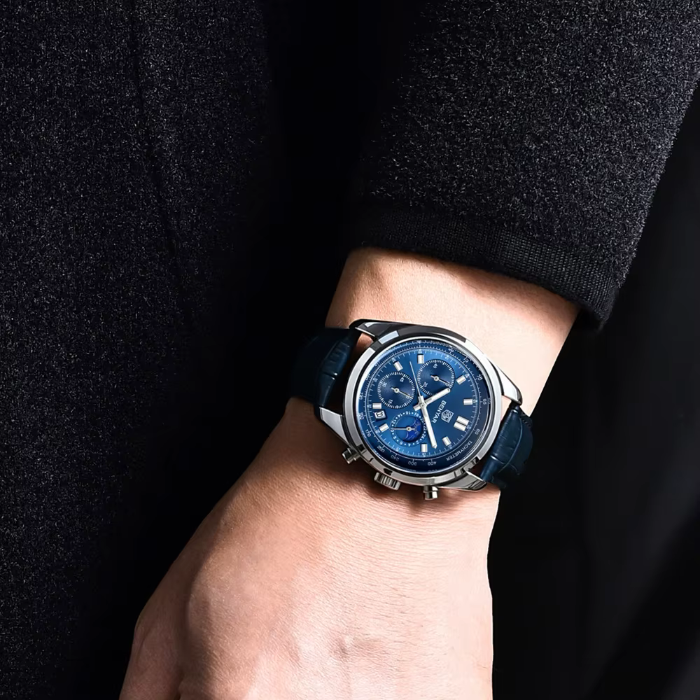 Montre à Quartz pour homme, chronographe de 42mm de diamètre et de 13mm d'épaisseur avec cadran fonctionnel, bracelet en cuir, étanche 50M