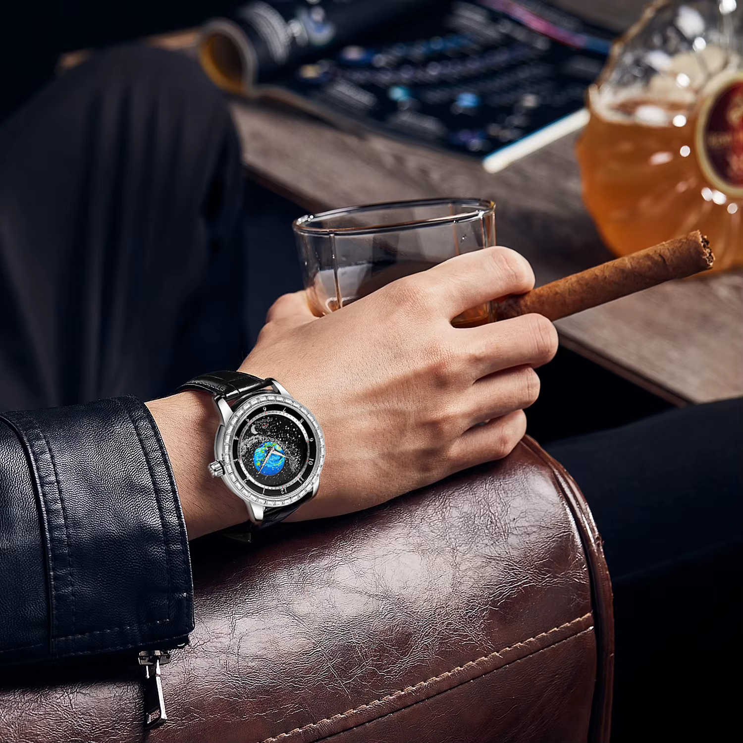 Montre automatique mécanique FORSINING 2026 pour homme, étanche, avec design Terre-Lune et diamants, bracelet authentique, idéale pour les affaires
