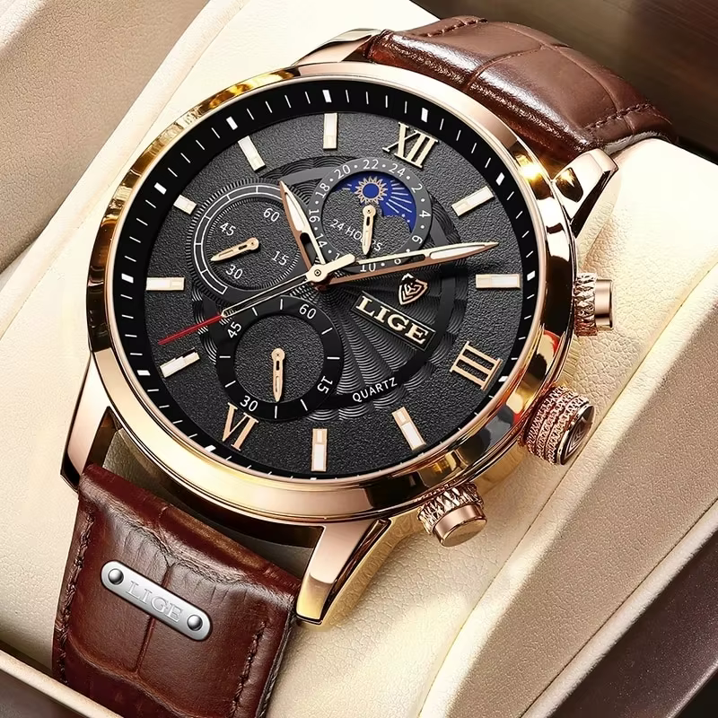 Montre à quartz en cuir marron pour homme