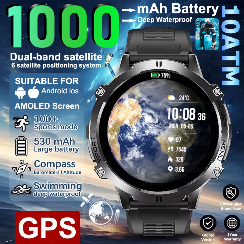 2025 nouveau 100M étanche natation montre intelligente pour hommes 1.73 ''AMOLED écran GPS positionnement Bluetooth appel sport Bracelet intelligent