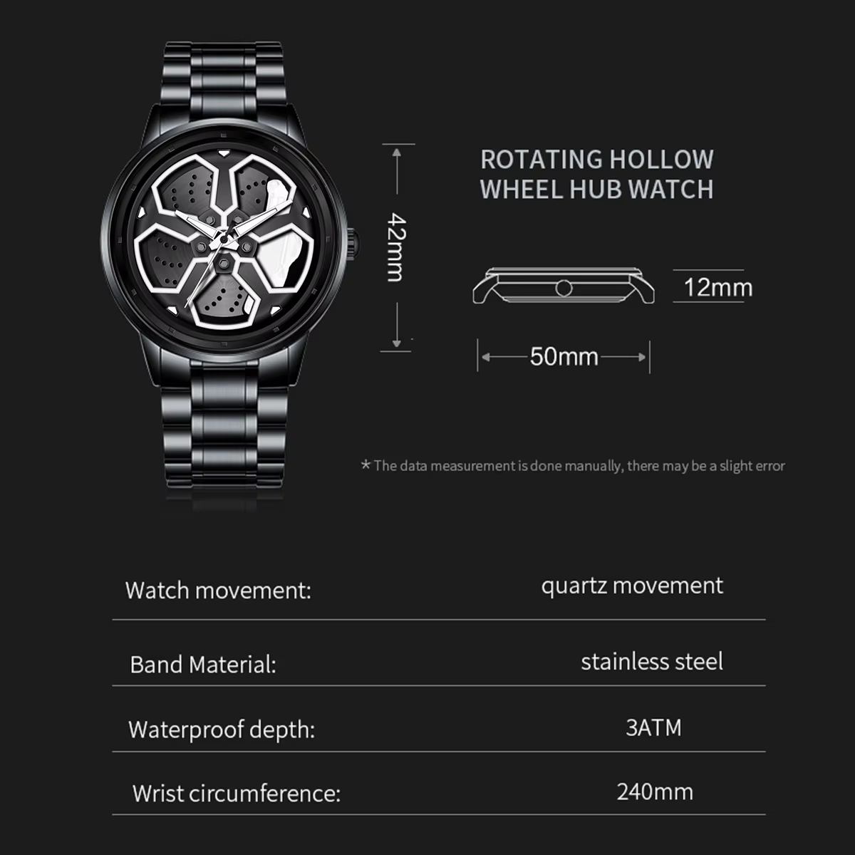 VA VA VOOM marque hommes roue créative platine montre en acier inoxydable noir mouvement à Quartz 42mm étanche sport cadeau montre-bracelet