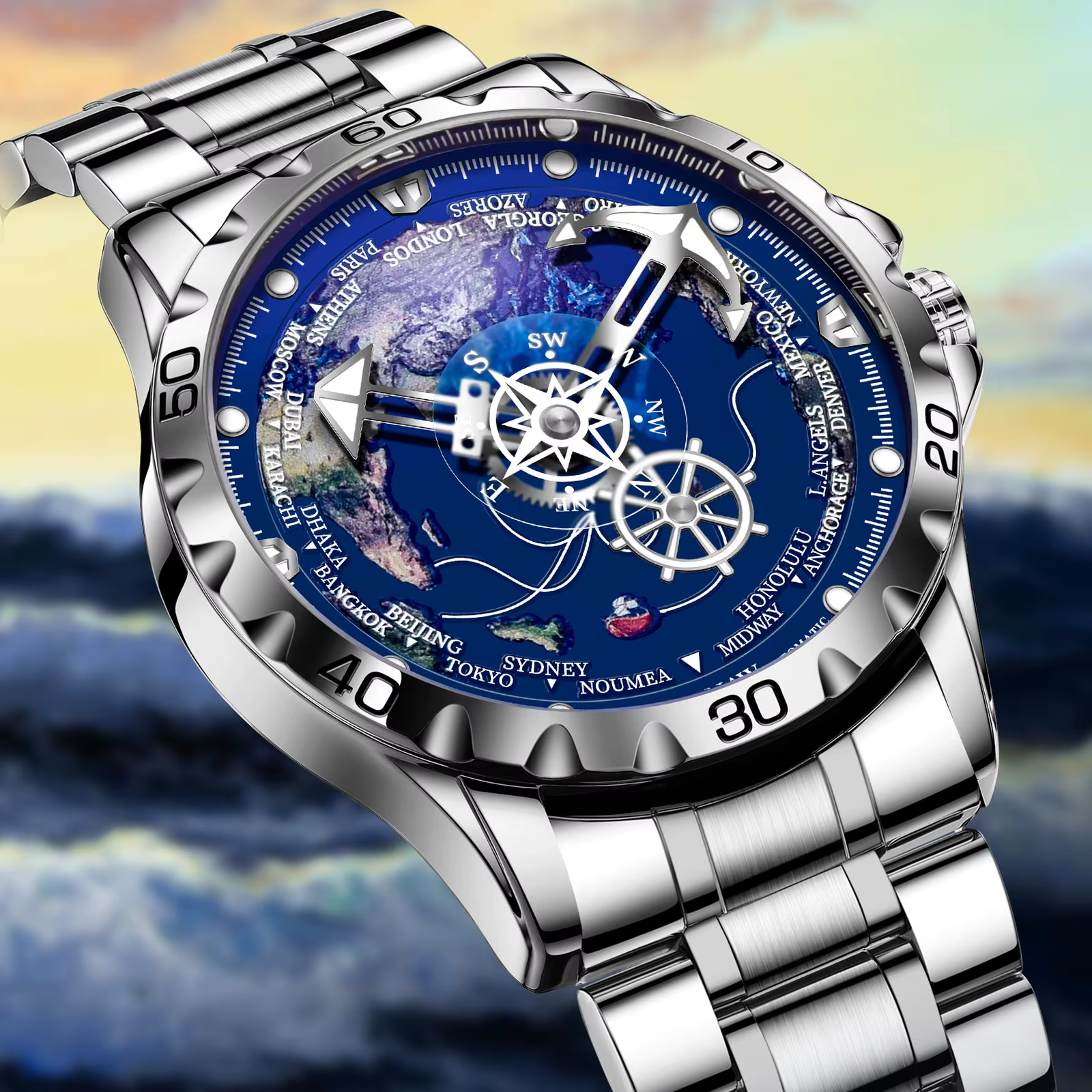 Glenaw Navigator Series Montre mécanique entièrement automatique Globe double couleur or et argent