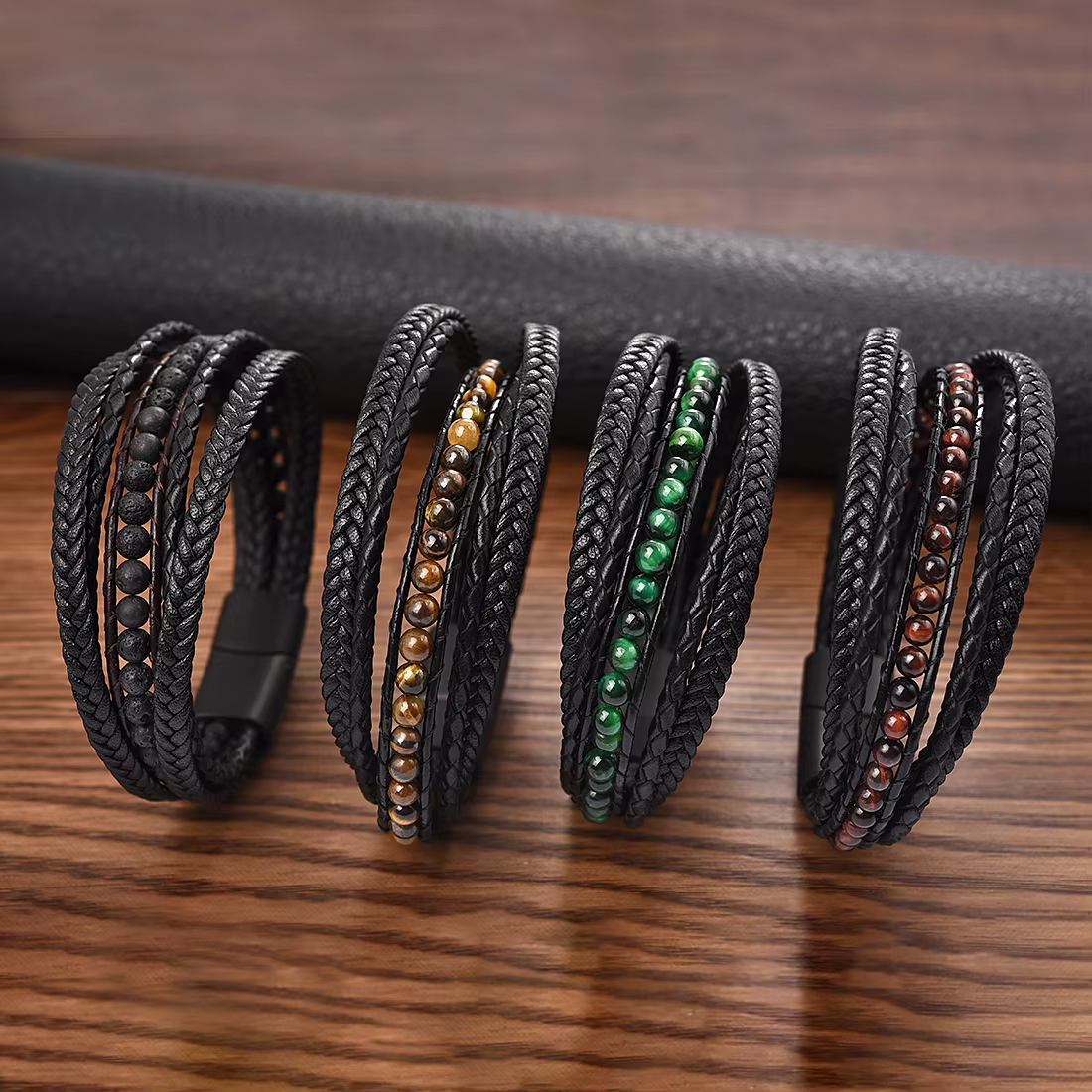 Bracelets classiques en pierre naturelle et cuir microfibre pour hommes