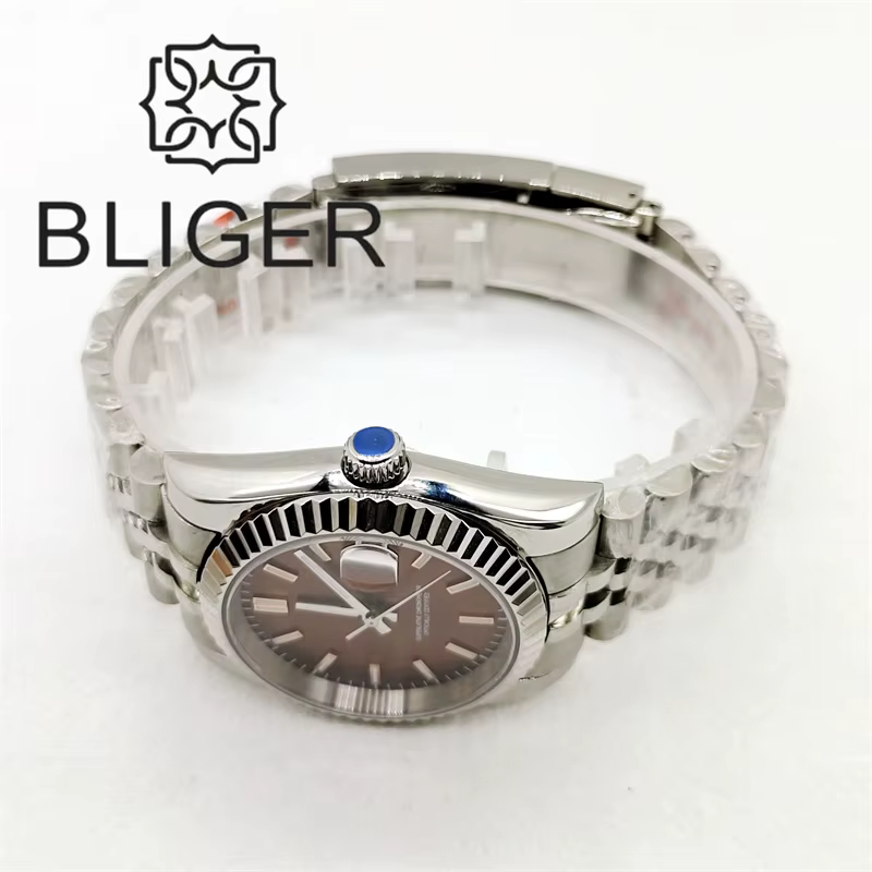 BLIGER 36mm/39mm Sunburst cadran marron montre NH35 lunette cannelée saphir cristal Rose bord bâtons Index jubilé Bracelet étanche