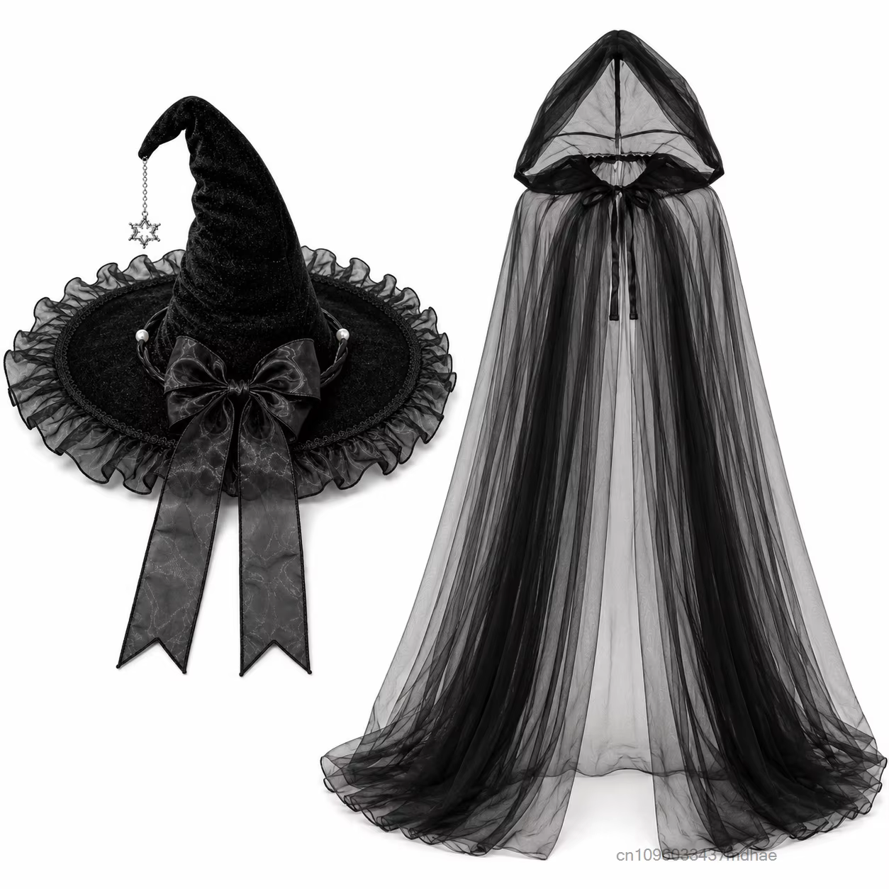 Chapeau de sorcière pour femme pour Halloween avec bordure en dentelle violette, nœud, chaîne étoile, cape noire en maille à capuche pour fête masquée, ensemble d'accessoires
