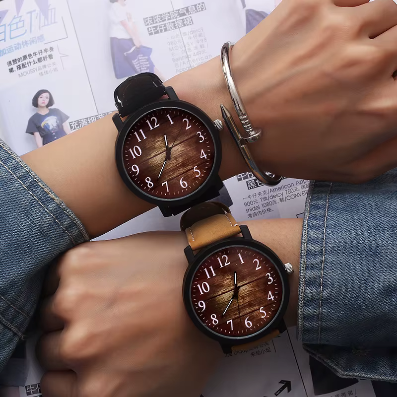 Mannen – montre-bracelet en cuir imitation bois unisexe pour homme
