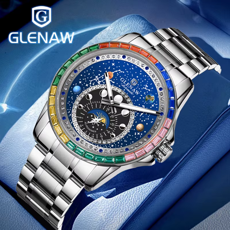 2025 nouveau GLENAW Design arc-en-ciel cercle montre mécanique hommes Constellation cadran veilleuse étanche haut de