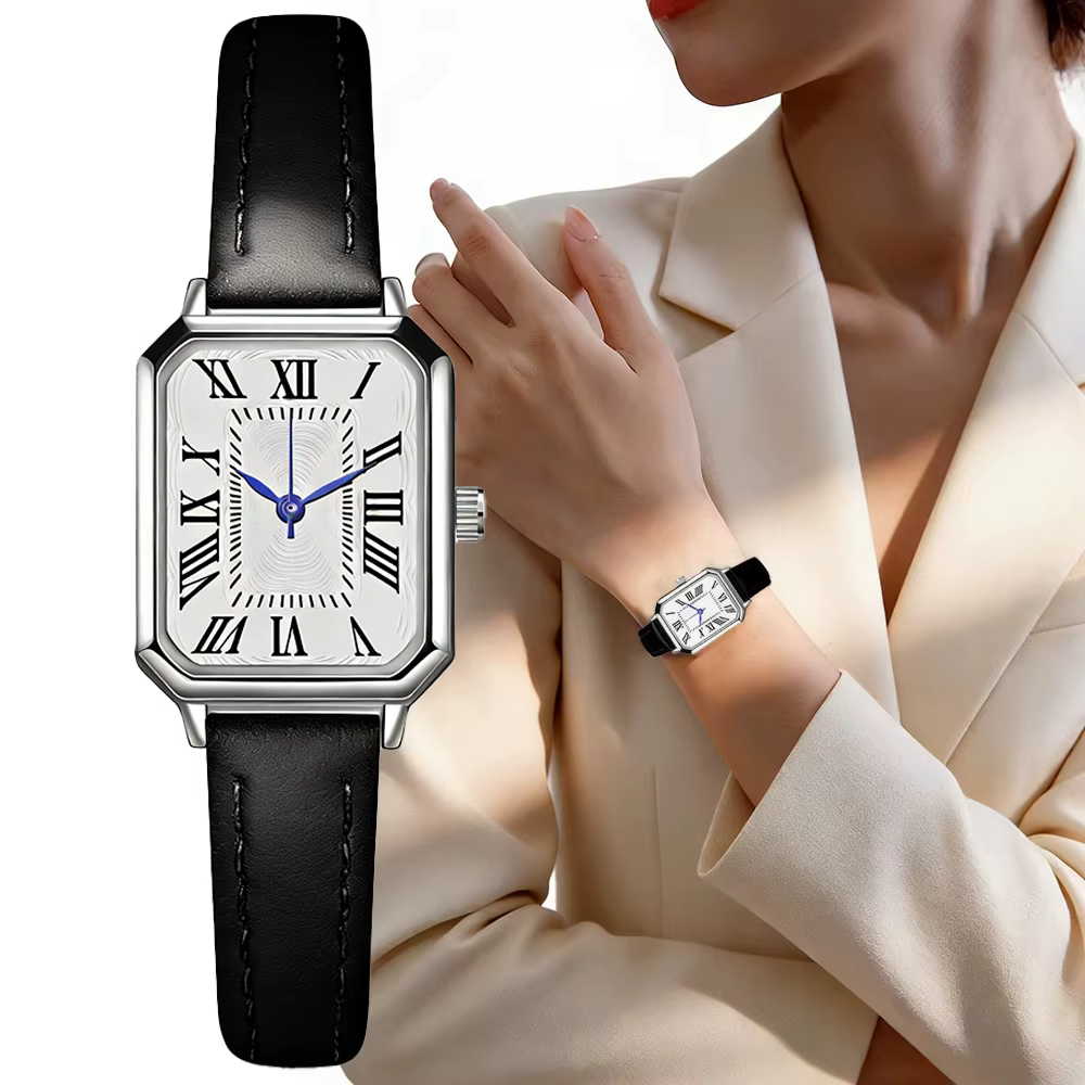 Montre femme carrée, bracelet cuir noir