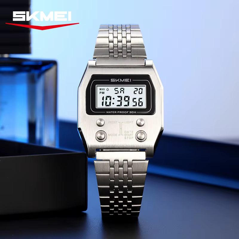 SKMEI 2460 hommes montres en acier inoxydable Sport luxe rétro LED électronique étanche montre numérique