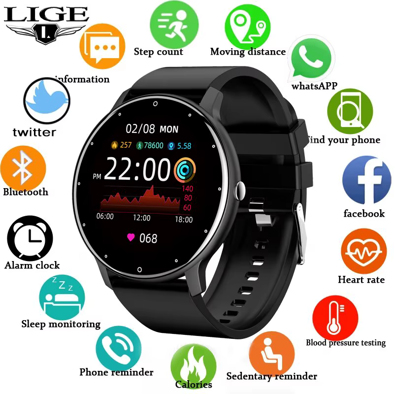 Montre intelligente de sport à écran tactile complet pour hommes et femmes