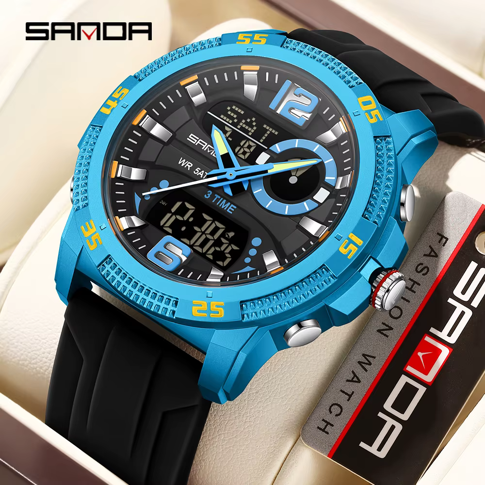 SANDA mode luxe hommes montres double affichage numérique Sport analogique Quartz homme montre-bracelet décontracté étanche silice chronographe