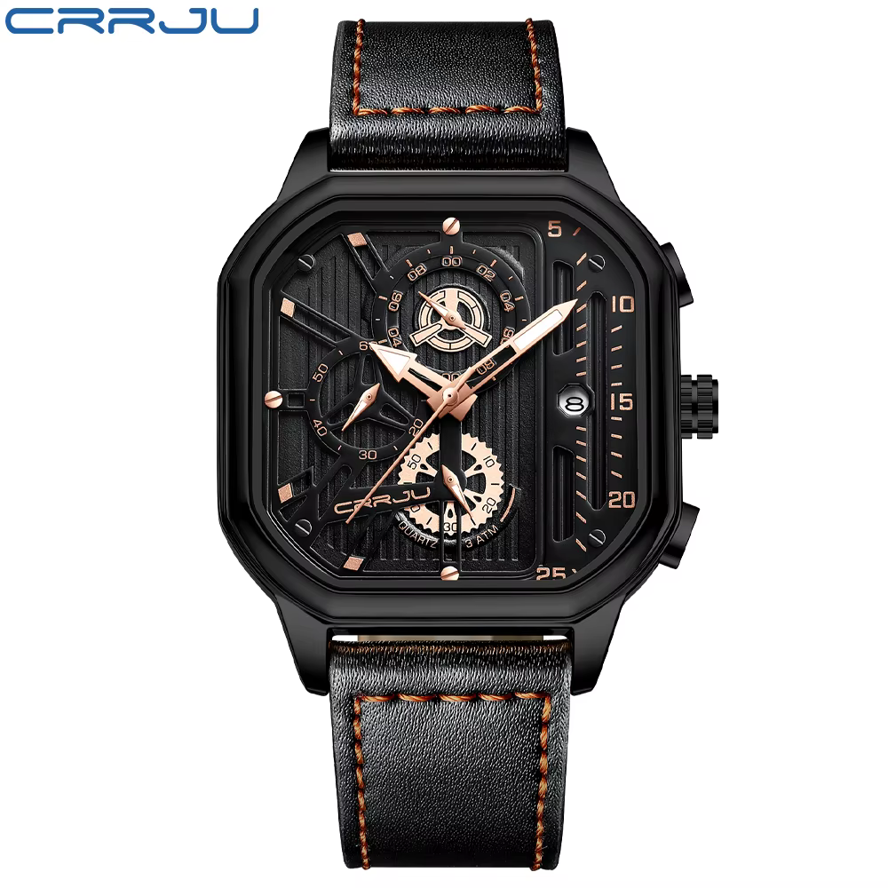 CRRJU mode cadran carré en cuir hommes montres de luxe Sport montre étanche Homme chronographe Quartz