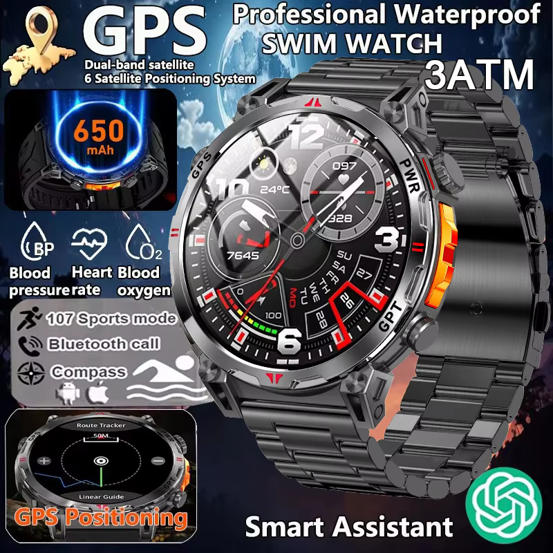 Nouveau KC93 montre intelligente 1.56 pouces AMOLED GPS positionnement Sports de plein air Fitness Tracker Bluetooth appel grande batterie Smartwatch