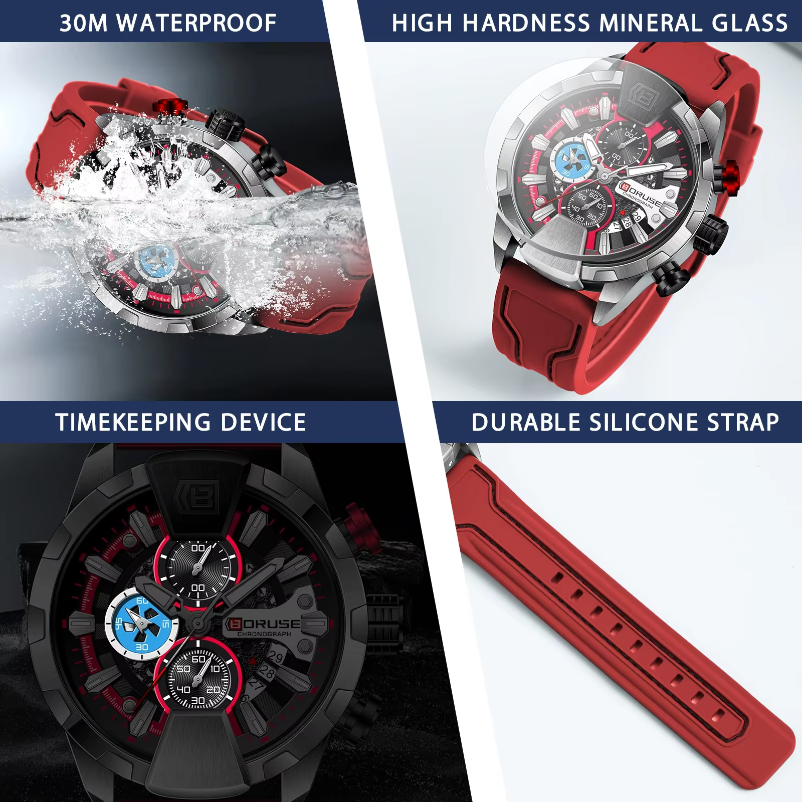 BORUSE montres pour hommes rouge étanche chronographe montre