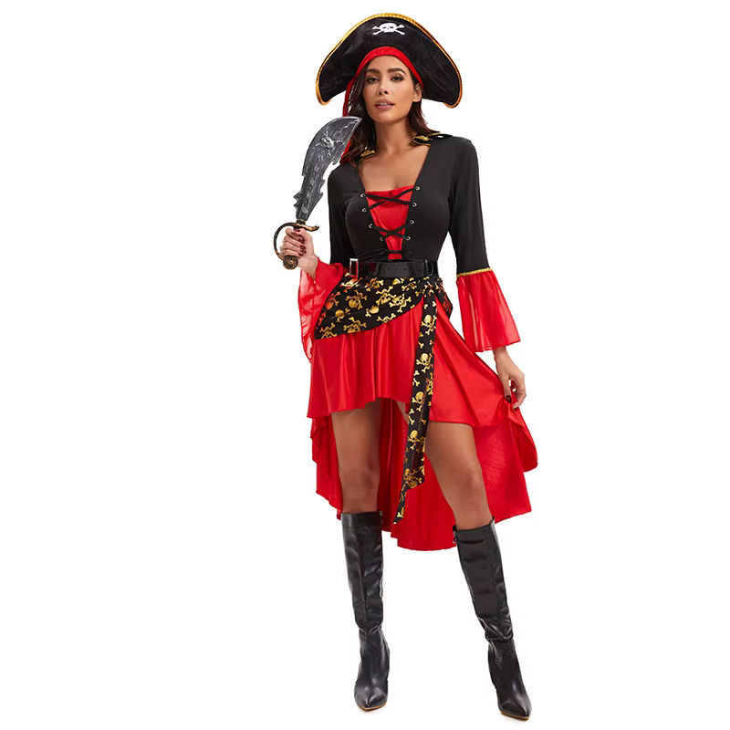 Ensemble de tenue de pirate pour femme, style Caraïbes, avec chapeau et ceinture, pour Halloween, cosplay, mascarade, fête de carnaval, spectacle sur scène