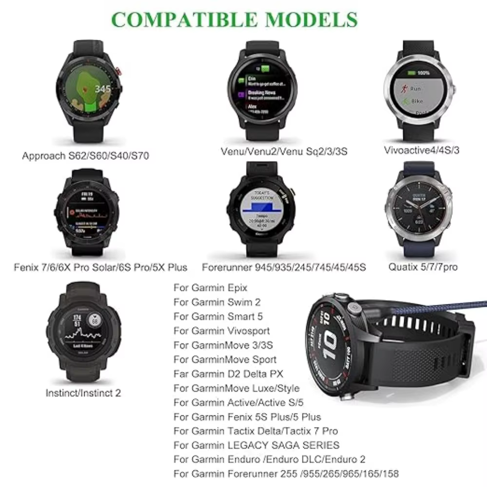 Chargeur de remplacement tressé pour Garmin Fenix 8 7 7S 7X Pro 6 6S 6X Pro 5 5S 5X Plus