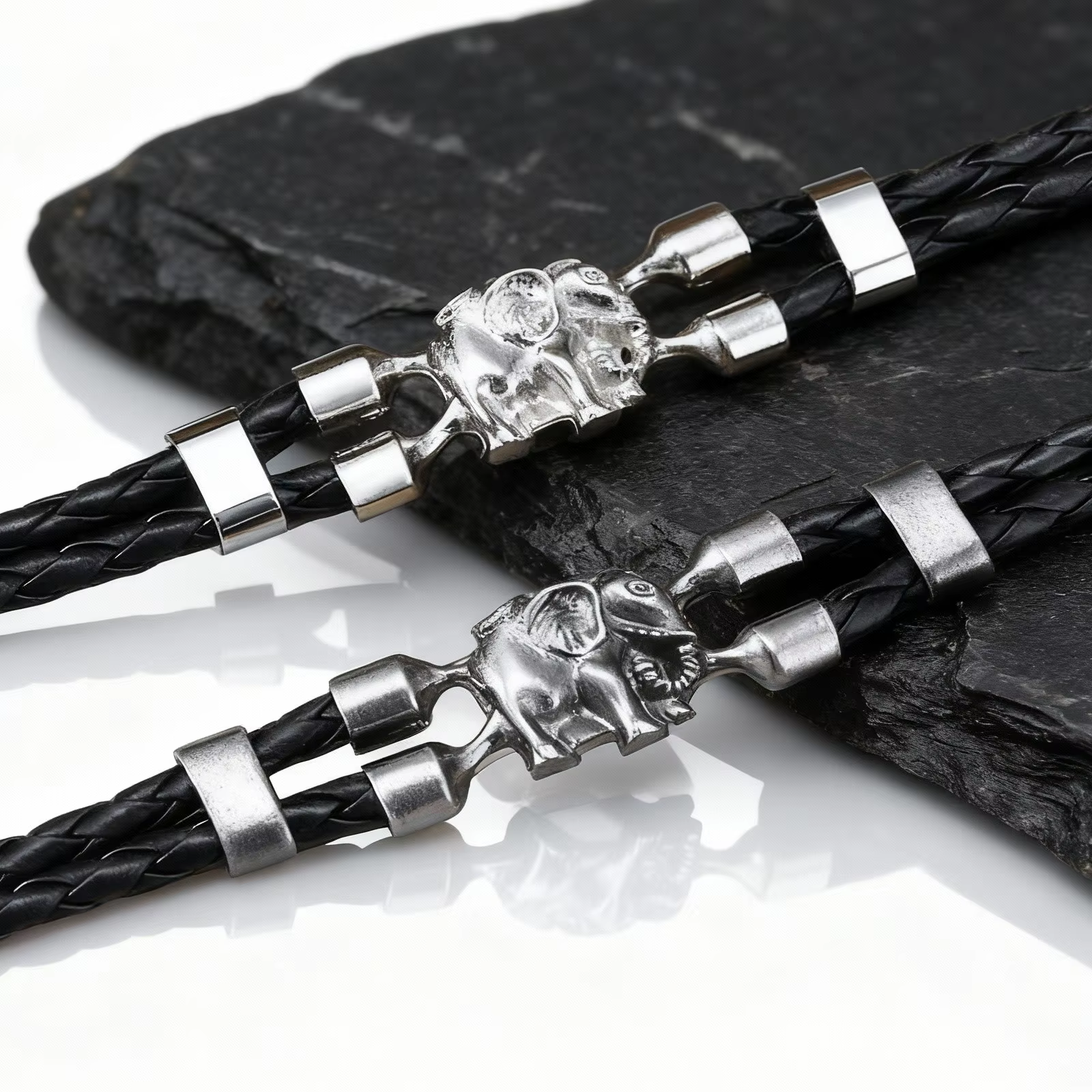 Bracelet en cuir noir d'éléphant Vintage pour hommes
