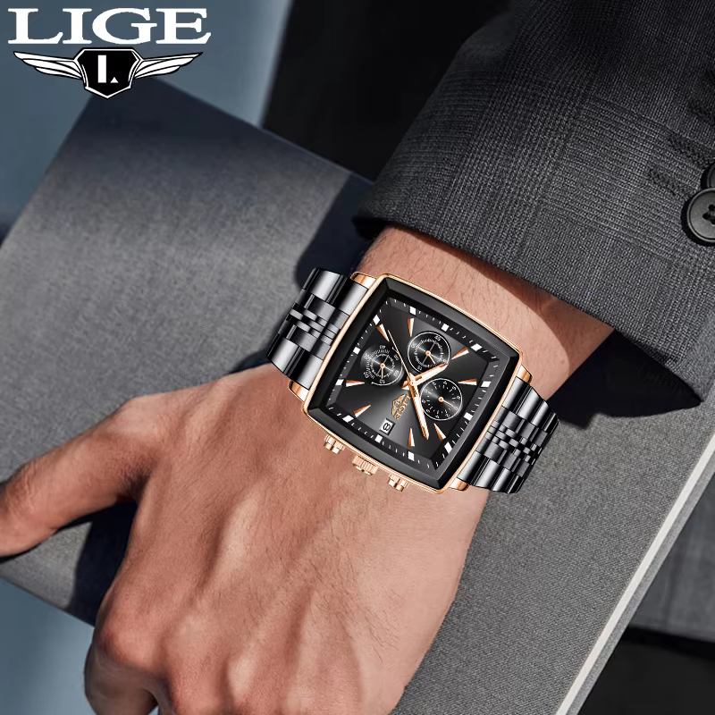 LIGE mode montres de luxe pour hommes cadran carré en acier inoxydable étanche lumineux Auto Date chronographe Quartz homme montre + boîte