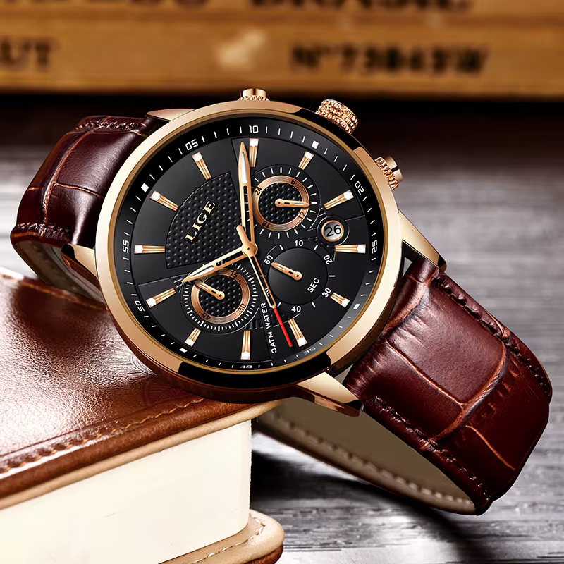 LIGE montre de luxe hommes en cuir Sport montres