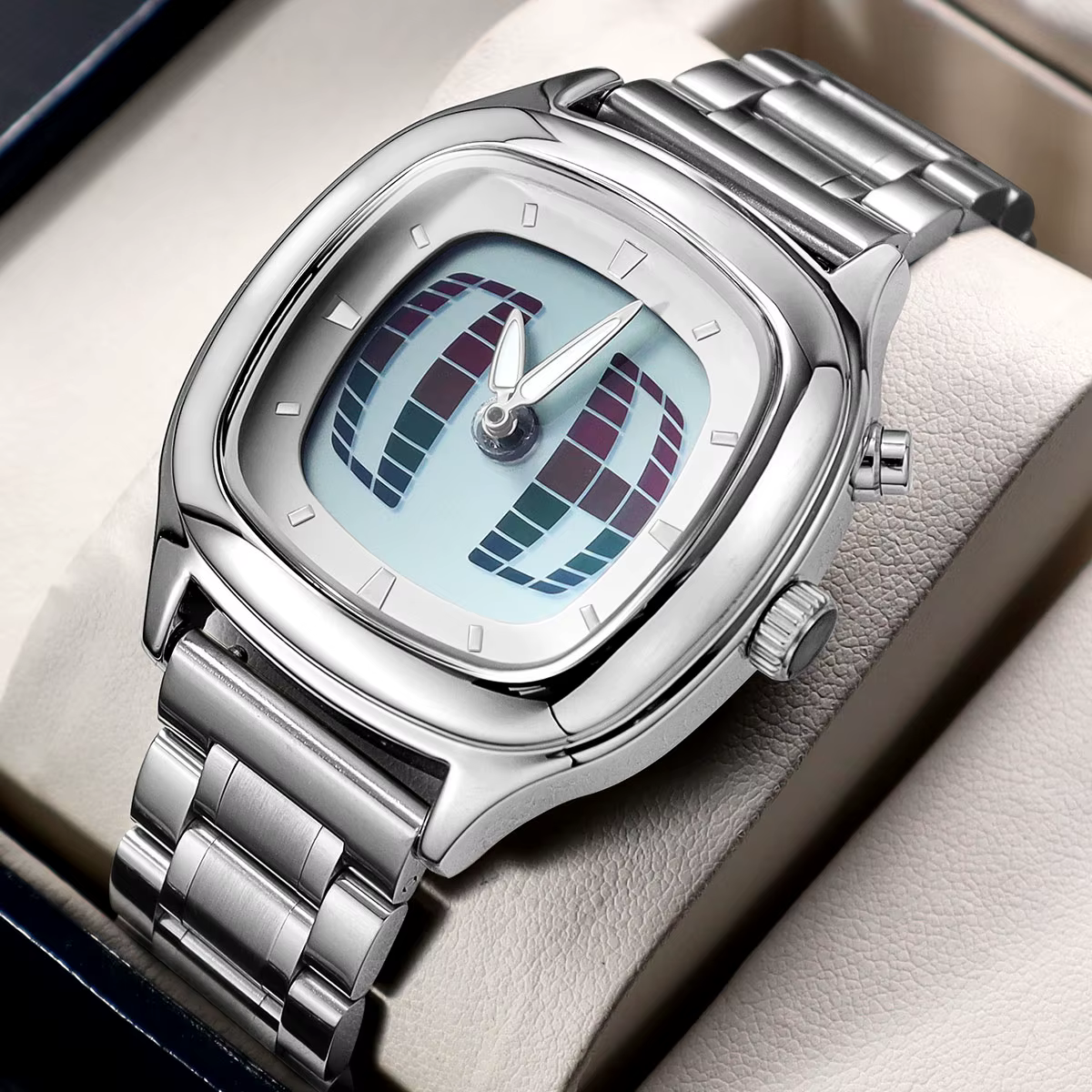 Montre à quartz pour hommes avec éclairage affichage numérique et dynamique des chiffres montre-bracelet futuriste rétro créative avec bracelet en acier inoxydable