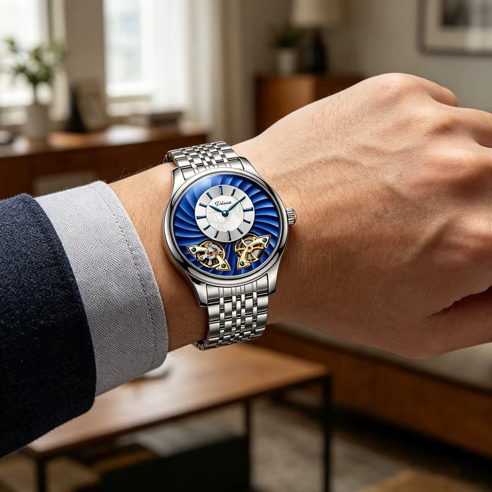 Montre pour homme avec double tourbillon rotatif bleu