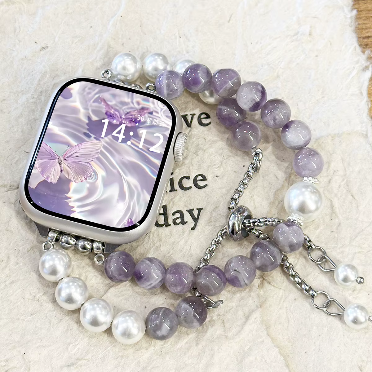 Bracelet à boucle en perles violettes pour Apple Watch S10/11 42mm 46 9 8 7 45/41mm