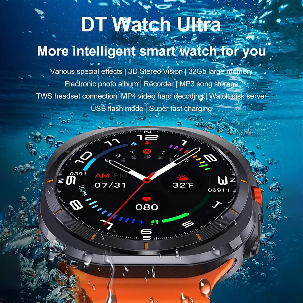 DT Watch Ultra 47mm montre intelligente Bluetooth appel boussole Menu 3D charge sans fil série 7 Smartwatch noir