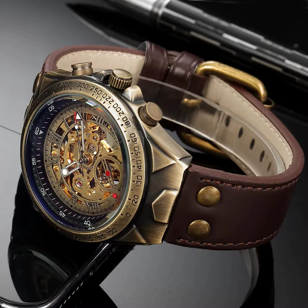 Montre mécanique automatique squelette rétro en Bronze pour hommes