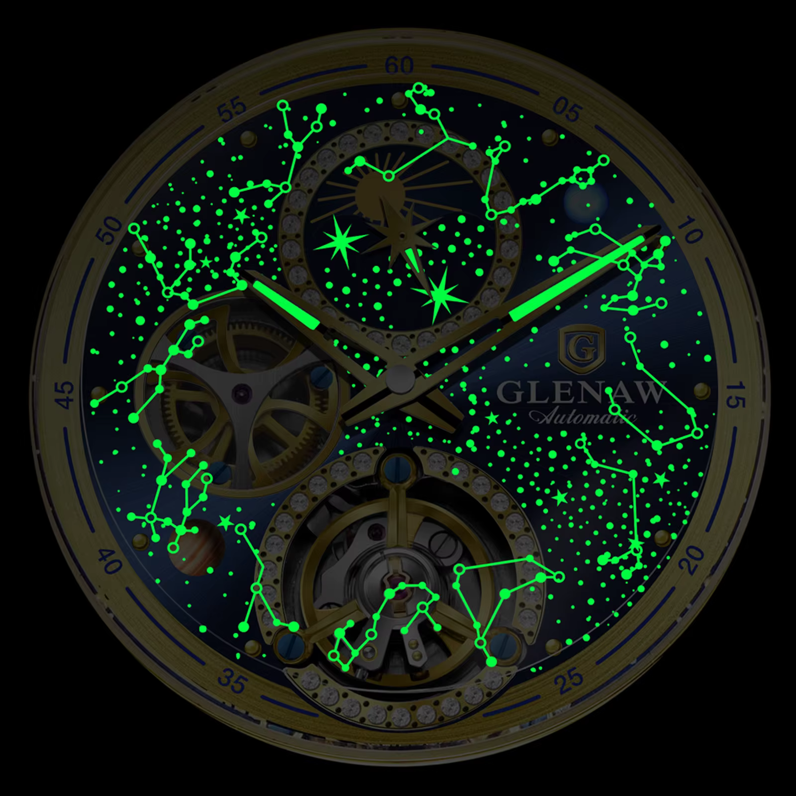 GLENAW 2025 Nouvelle Montre Mécanique Homme Design Cercle Arc-en-ciel Cadran Constellation Lumineux Étanche