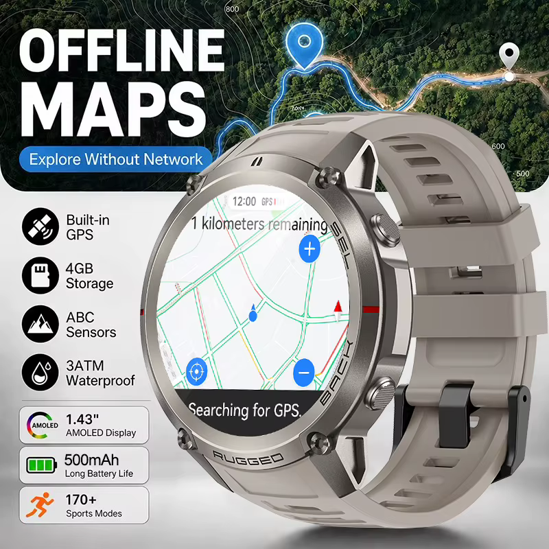 Montre intelligente GPS robuste pour le cyclisme d'aventure, montres militaires avec carte hors ligne par satellite, montres pour hommes, écran AMOLED, appels Bluetooth, boussole, montre intelligente